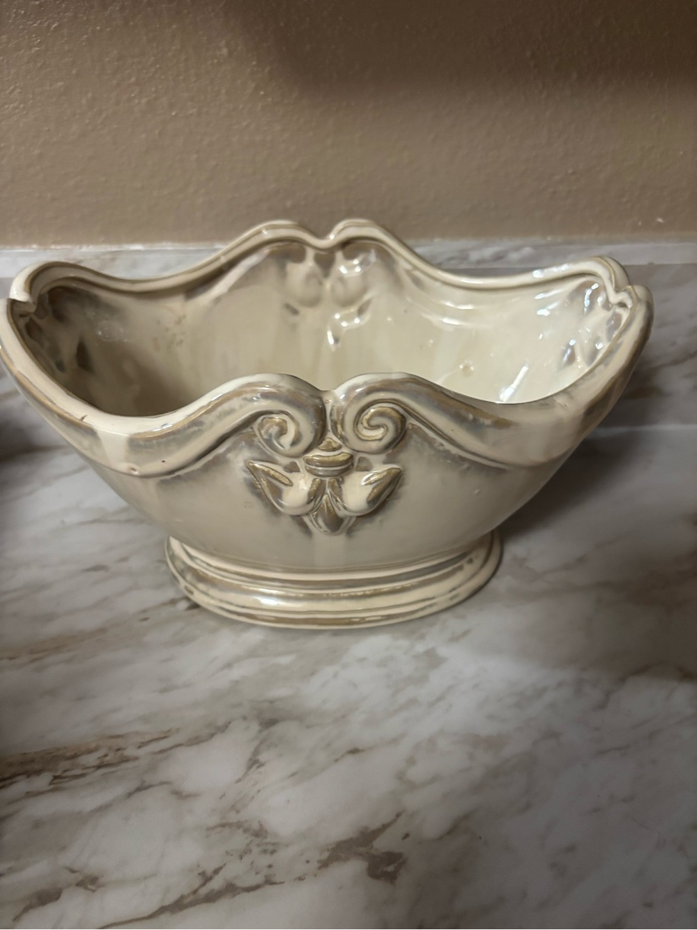 Cream Decorative Ceramic Bowl with Scroll Detail